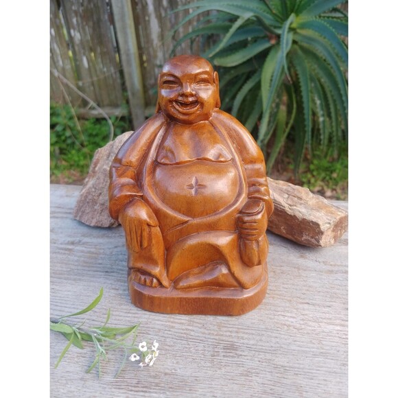 Vintage Monkey Pod Wood Buddha Figurine Handcrafted In The Philippines - Picture 1 of 10